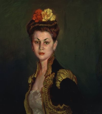 Portret van een dame met knot en torero-jasje door Ignacio Zuloaga y Zabaleta