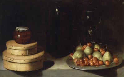 Stilleven (schaal met kersen en peren, dozen en pot honing) door Ignacio Zuloaga y Zabaleta