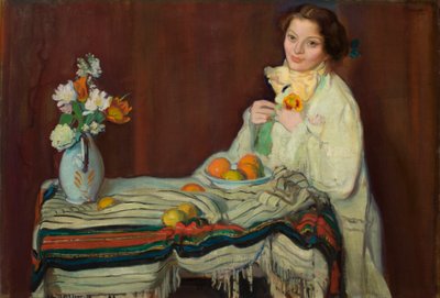 Portret van de vrouw van de kunstenaar aan tafel door Ignacy Pienkowski