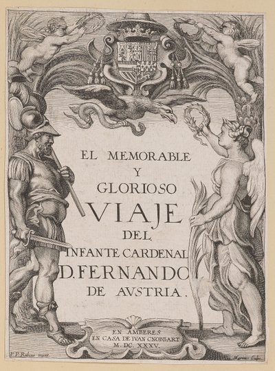 Titelpagina voor D. De Aedo y Gallert, El...Viaje del Infante Cardenal... door Ignatius Cornelis Marinus after Sir Peter Paul Rubens