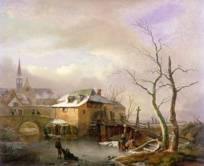 Een Winterlandschap met Boeren op een Bevroren Molenplas bij een Dorp door Ignatius Josephus van Regemorter