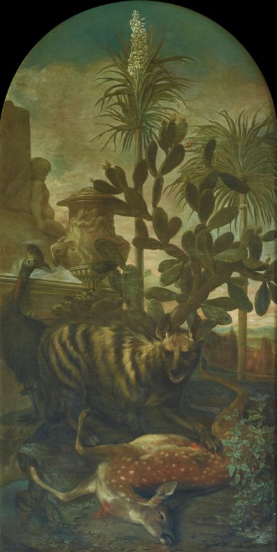 Hyena, antilope en kasuaris in een cactuslandschap door Ignaz Heinitz von Heinzenthal