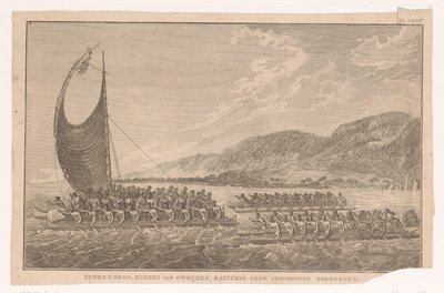 Inwoners van Hawaii en hun koning varen in kano