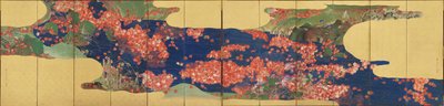 Esdoornbladeren op een stroom, zesdelig scherm, Edo-periode, 1856-58 door Ikeda Koson