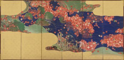Esdoornbladeren op een stroom, zesdelig scherm, Edo-periode, 1856-58 door Ikeda Koson
