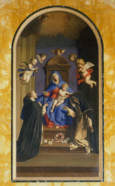 Onze-Lieve-Vrouw van de Rozenkrans met St. Dominicus en St. Catharina, Kapel van St. Catharina, Basiliek van St. Sabina, Rome, Italië door Il  Sassoferrato
