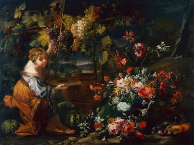 Jong Meisje dat Druiven Plukt door Il and Brueghel Abraham Borgognone