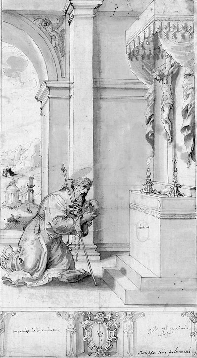 Een heilige knielend voor een altaar met een crucifix: ontwerp voor een processievaandel door Il (c.1550 1611) Sozzo