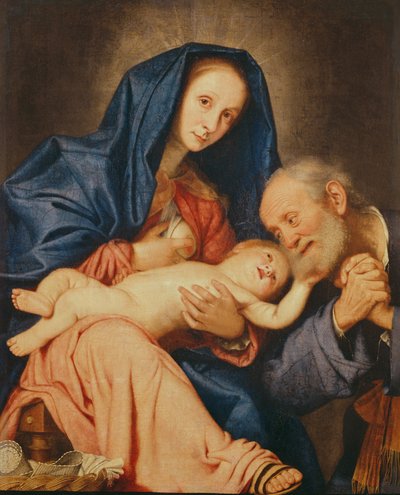 De Heilige Familie met een mand door Il Sassoferrato