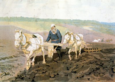 Graaf Tolstoy aan het ploegen - volgens het schilderij van Repine door Ilya Efimovich (after) Repin