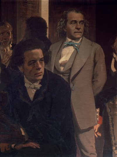 Anton Grigoryevich Rubinstein (1829-94) en Alexander Nikolayevich Serov (1820-71), uit Slavische componisten, 1890s (detail) door Ilya Efimovich Repin