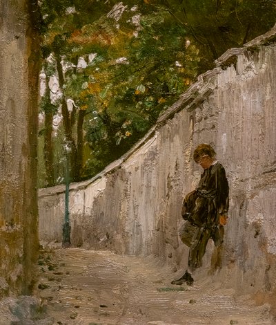 Jongen leunend tegen de muur van een tuin, Montmartre door Ilya Efimovich Repin