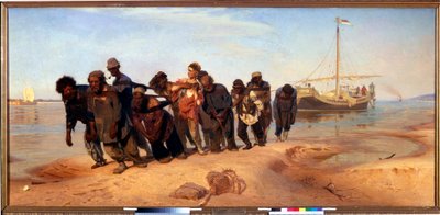 Trekschuiten op de Wolga (Rusland) door Ilya Efimovich Repin