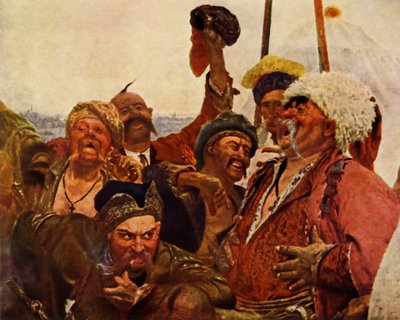 Detail van de Zaporozhets die een brief schrijft aan de Turkse sultan, 1880-1890, 1965 door Ilya Efimovich Repin