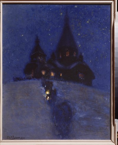 Kerk in Kuokkala (of Repino, Rusland) op kerstavond. door Ilya Efimovich Repin