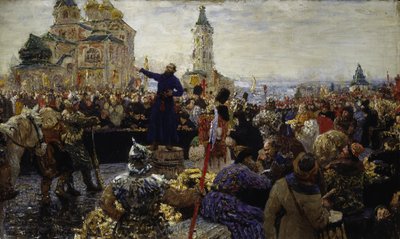 Kouzma Minine roept het volk van Nizjni Novgorod op in 1611 door Ilya Efimovich Repin
