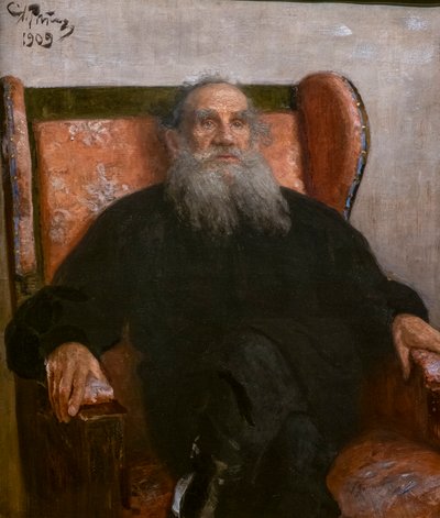 Leo Tolstoj in een roze fauteuil door Ilya Efimovich Repin