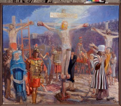 De Calvarieberg. (Scène van de Kruisiging). Aan de zijkanten, voorstelling van de goede moordenaar (ook wel Sint Dismas genoemd) en de slechte moordenaar (Gesmas), twee dieven die met Jezus Christus werden gekruisigd. door Ilya Efimovich Repin