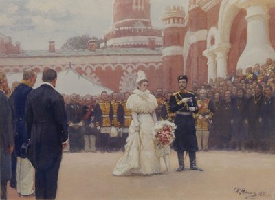 Nicholas II ontvangt dorpsoudsten op 18 mei 1896 in de binnenplaats van Petrovsky Palace in Moskou, 1897 door Ilya Efimovich Repin