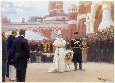 Nicolaas II (1868-1918) en zijn vrouw, Alexandra Fedorovna (1872-1918), ontvangen de oudsten van het landelijke district op 18 mei 1896 in de binnenplaats van het Petrovsky-paleis in Moskou door Ilya Efimovich Repin