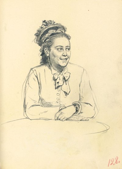 Studie voor "Een Parijse Café": Zittende Vrouw met Strik en Gevouwen Handen, ca. 1872-1875 door Ilya Efimovich Repin