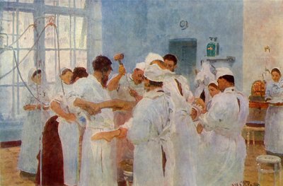 Chirurg Yevgeni Vasilyevich Pavlov 1845-1916 in de operatiekamer door Ilya Efimovich Repin