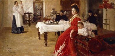 De Dochter van de Kunstenaar, Tatiana en Haar Familie in een Interieur door Ilya Efimovich Repin