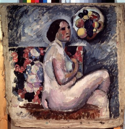 Naakt. Portret van een naakte vrouw, zittend met gekruiste benen, in profiel een gebaar van bescheidenheid makend door Ilya Ivanovich Mashkov