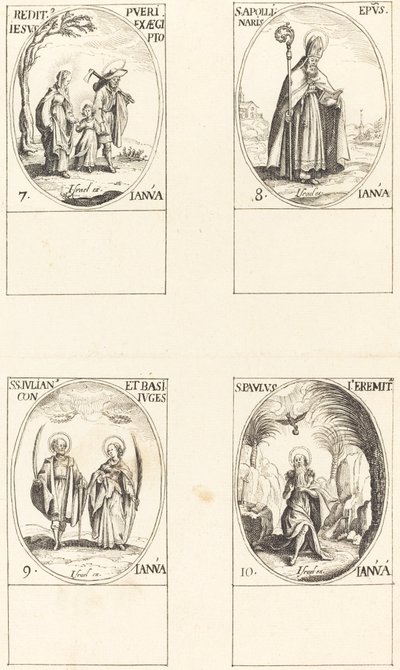 Terugkeer uit Egypte; St. Apollinaire; St. Julianus en Basilissa; St. Paulus Kluizenaar door Imitator of Jacques Callot