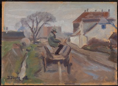 De schilder Ølund Hansen zittend in een wagen schilderend door Immanuel Ibsen