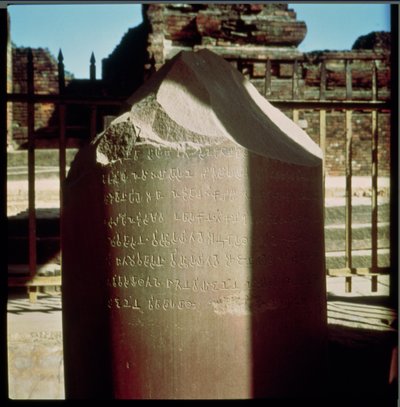 Detail van een pilaar van Keizer Ashoka met een gegraveerd edict door Indian