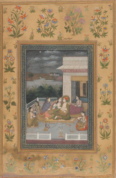 Een paar op een terras omringd door bedienden en muzikanten door Indian 18th Century