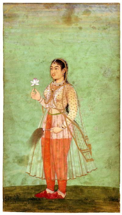 Een dame met bloem en vliegenmepper, ca. 1630 door Indian Art