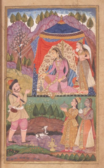 Folio 138 Farhad vertelt zijn avonturen aan Prinses Shirin, uit de Khusrau en Shirin, Deccani School, 1722 door Indian School
