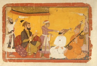 Gosain Narayan neemt gif in aanwezigheid van keizer Jahangir door Indian School
