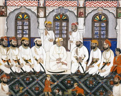 Een Jaipur raja gekleed voor aanbidding in durbar door Indian School