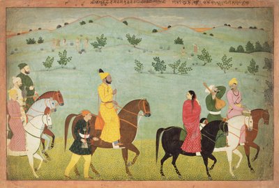 Een Jasrota prins, mogelijk Balwant Singh, op een rijexpeditie, door Nainsukh (fl. 1740-50) Kashmir, c.1751 door Indian School