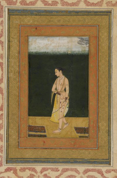 Een dame wandelt in een tuin, albumfolio met schilderij, c.1730 door Indian School