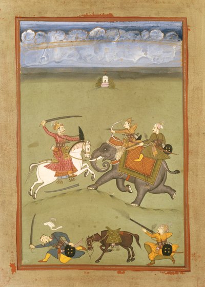 Een prins die zijn vijanden bevecht op een olifant, c.1710 door Indian School