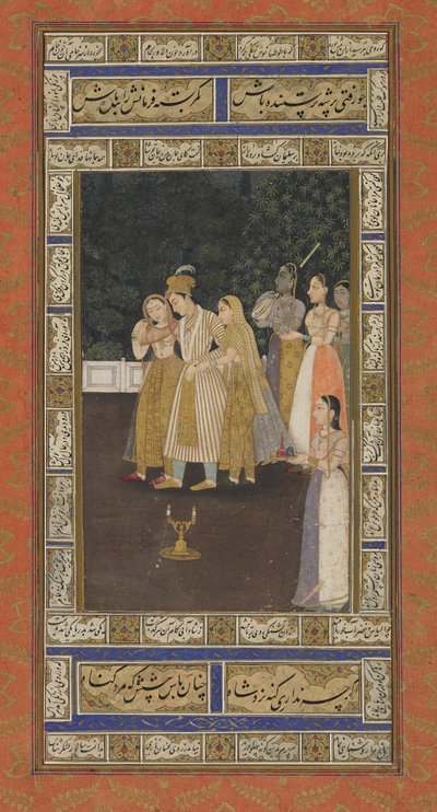 Een Prins met Harem Begeleiders, Albumblad met schilderij, begin 18e eeuw door Indian School