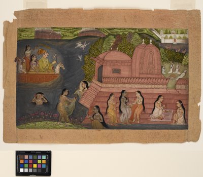 Een Raja die vanuit een boot jaagt, komt badende schoonheden tegen bij een tempel, ca. 1695 door Indian School