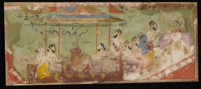 Een offerceremonie, albumblad met schilderij door Indian School