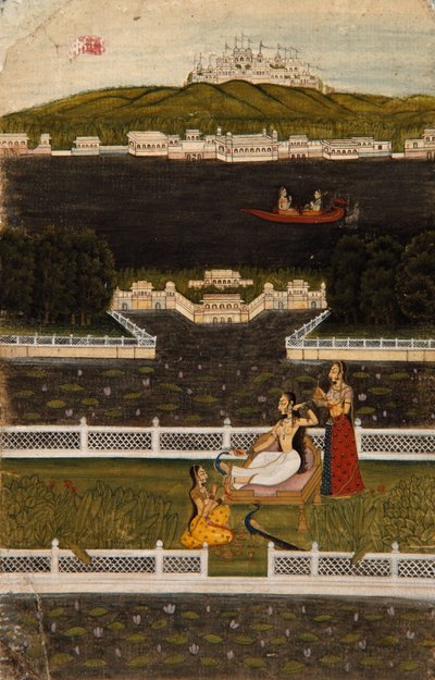 Een mooie vrouw op een terrasje aan het meer, c.1770 door Indian School