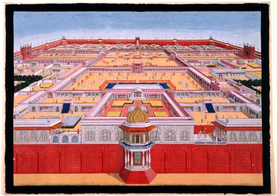 Vogelperspectief van het Rode Fort in Delhi vanuit het oosten, met een keizer, waarschijnlijk Shah Alam (1759-1806), die de Diwan-i-Khas binnengaat, ca. 1780-90 door Indian School