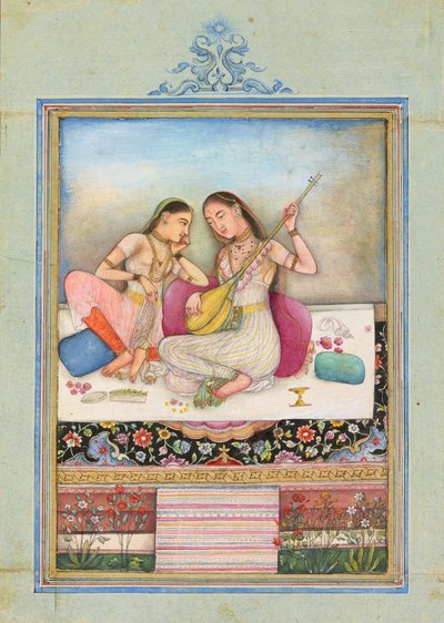 Een meisje speelt de tambur terwijl haar metgezel luistert, ca. 1660 door Indian School