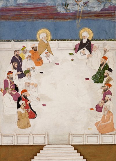 Een groep Indiase heiligen en heilige mannen, waaronder Mullah Shah en Aurangzeb, zittend, c.1725 door Indian School