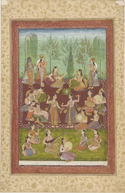 Een groep vrouwen in een tuin, zichzelf vermakend met muziek en dans door Indian School