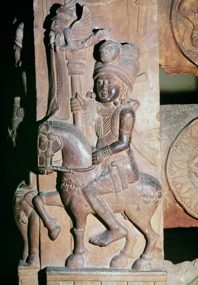 Een ruiter, detail van de poort van een boeddhistische stupa, uit Bharhut, Madhya Pradesh, Late Mauryan Periode, Sunga Dynastie door Indian School