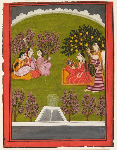 Een dame zittend met een spiegel in een tuin, met een dienstmeid en drie muzikanten, ca. 1909 door Indian School