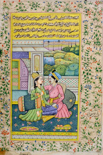 Een man het hof maken aan een vrouw in een luxueuze omgeving, Rajasthani miniatuurschilderij door Indian School